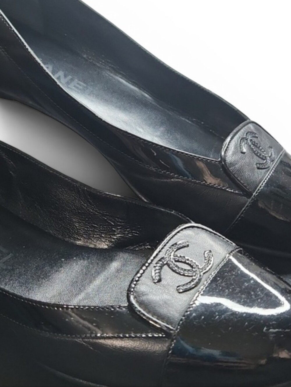 CHANEL Black Patent Leather Loafers Peek Logo At Toe Interlocking CC Size 38 EU